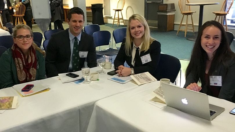 Dickey Center Lombard Fellowship recipient Sappho Gilbert MPH'14, Gregory Poulin MALS’16, Lauren Bishop D’19, and Sydney Kamen D’19 attending the Model Arctic Council 2016 simulation in Fairbanks, Alaska.