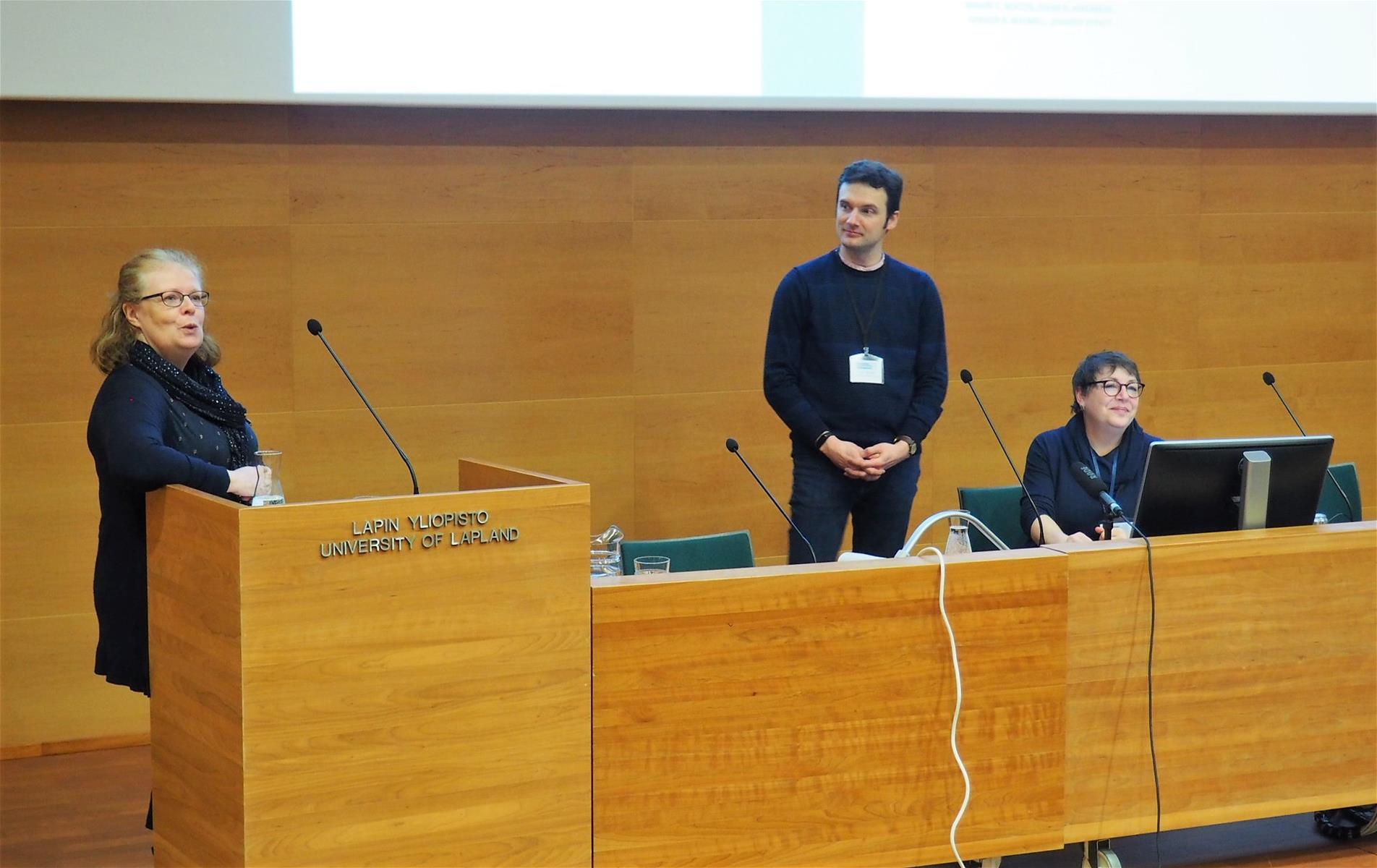 Editors Mhairi Beaton, Gregor Maxwell and Diane Hirshberg in the book launch event