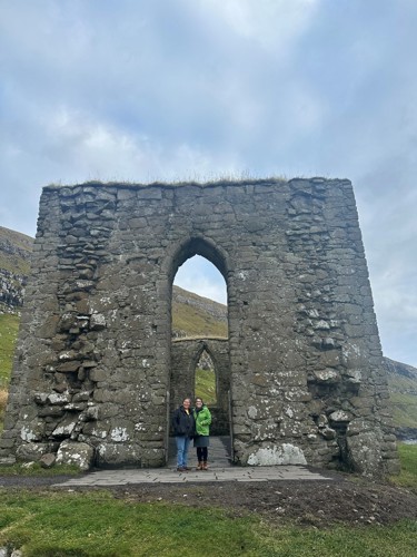 Panigkaq Agatha John Shields and Diane Hirshberg at the ruins of St. Magnus Cathedral.